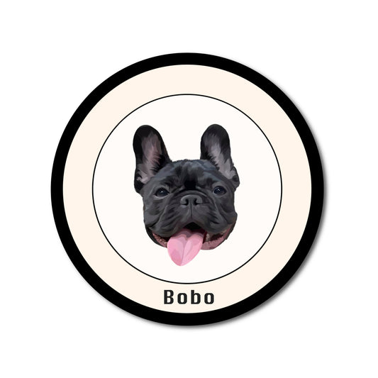 Classic black and white custom pet round rug featuring a French Bulldog’s portrait and personalized name “Bobo