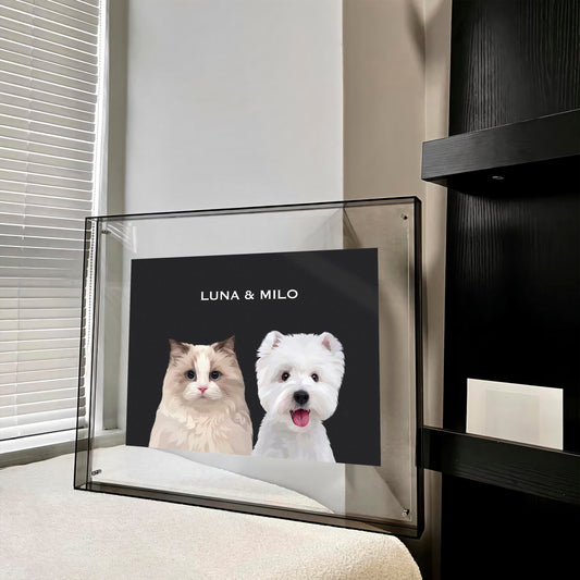 Custom acrylic pet portrait featuring a West Highland White Terrier and a Ragdoll cat in a modern, sleek frame with a Shell White background, showcasing the bond between pets with vibrant colors and exquisite detail