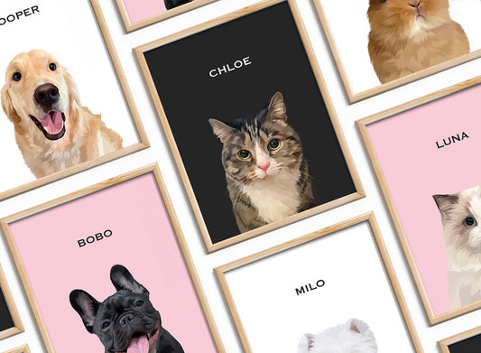 Custom digital pet portraits of dogs and cats displayed in wooden frames with personalized backgrounds and names, created by MusaMonster, Perfect as unique keepsakes or gifts for pet lovers