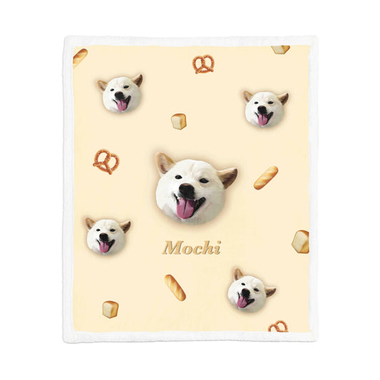 Custom pet blanket featuring a playful food-themed design with a dog’s face and the name “Mochi,” printed on a soft flannel exterior with vibrant colors