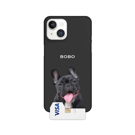 Custom pet portrait slim hard single-layer phone case with black background and cardholder slot, personalized with a hand-drawn pet illustration.