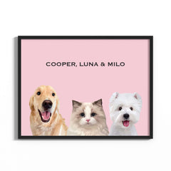 Hand-drawn custom three pet portraits in black frame and pink background