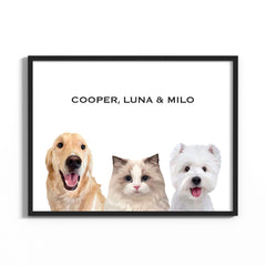 Hand-drawn custom three pet portraits in black frame and white background