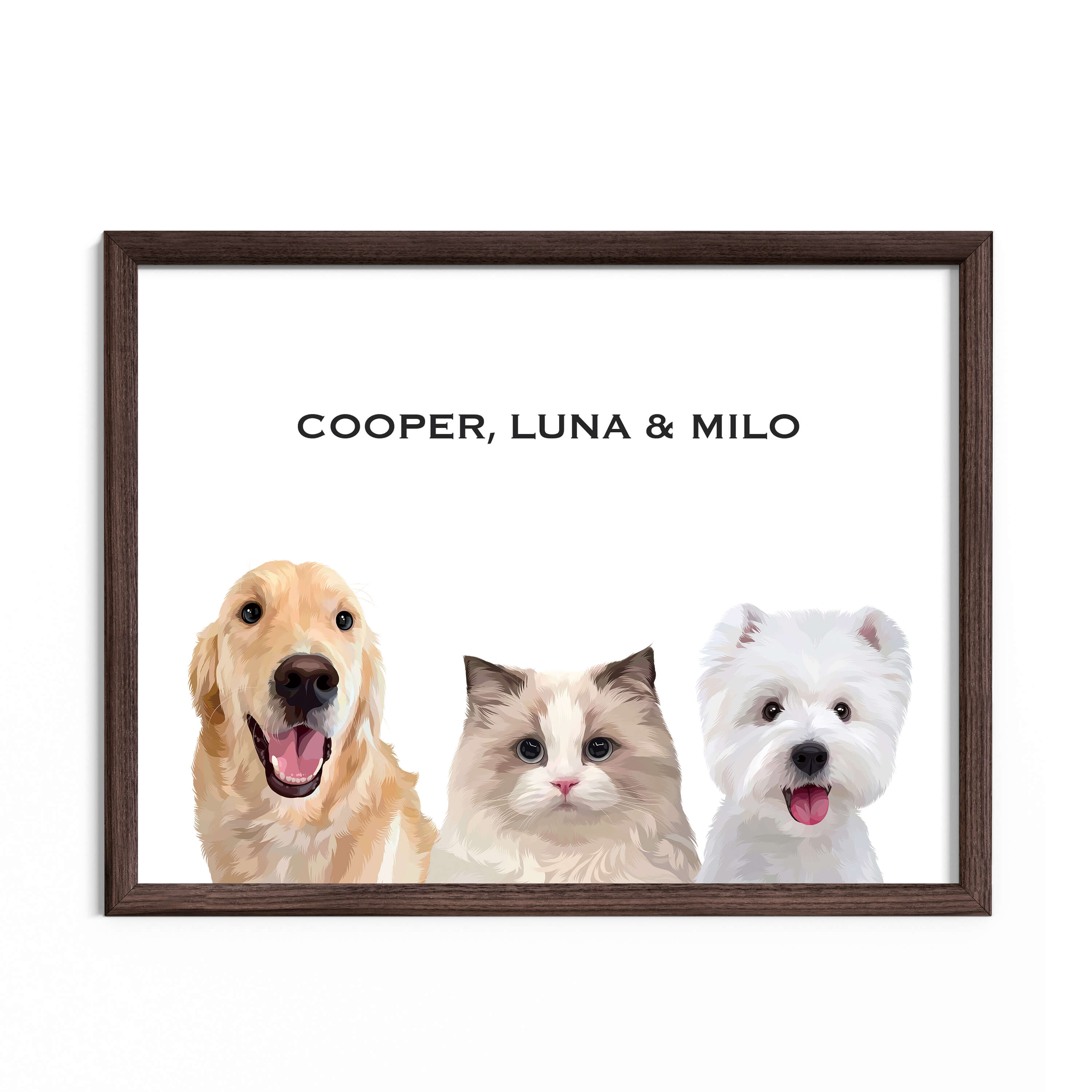 Hand-drawn custom three pet portraits in dark wooden frame and white background