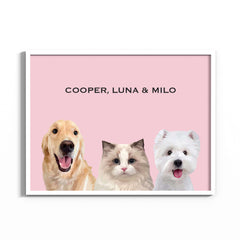 Hand-drawn custom three pet portraits in white frame and pink background