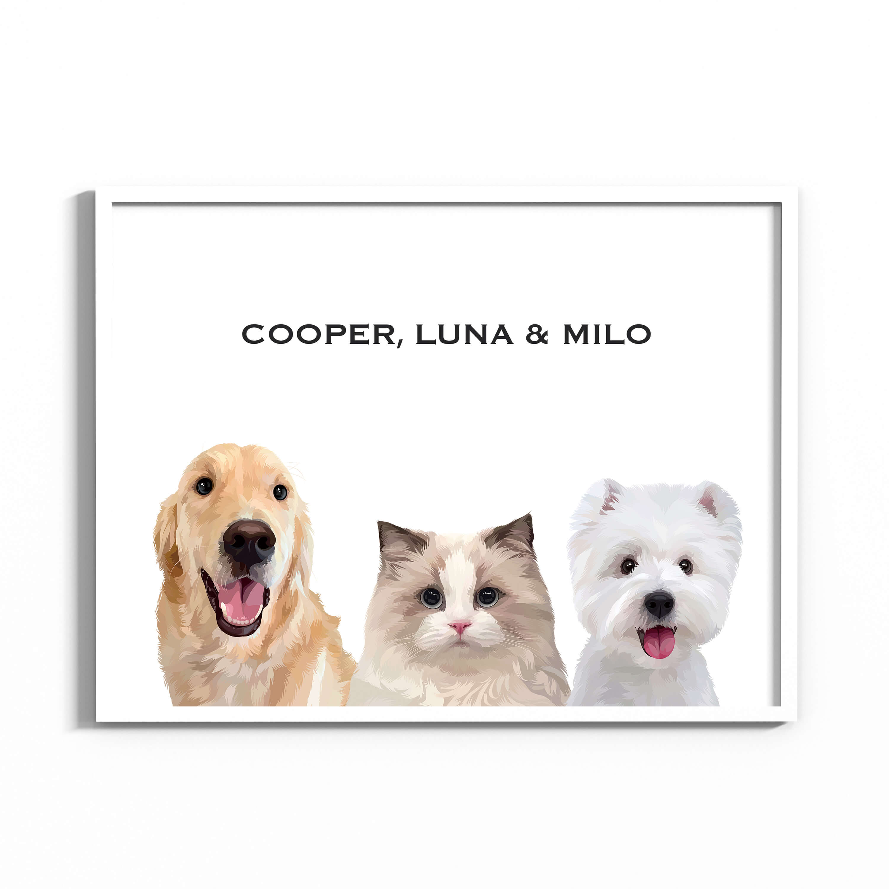 Hand-drawn custom three pet portraits in white frame and white background