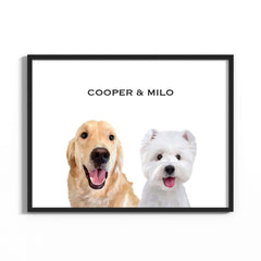 Hand-drawn custom two pet portraits in white background and black frame