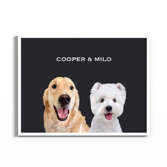 Hand-drawn custom two pet portraits in black background and white frame