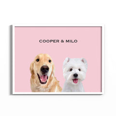 Hand-drawn custom two pet portraits in pink background and white frame