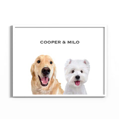 Hand-drawn custom two pet portraits in white background and white frame