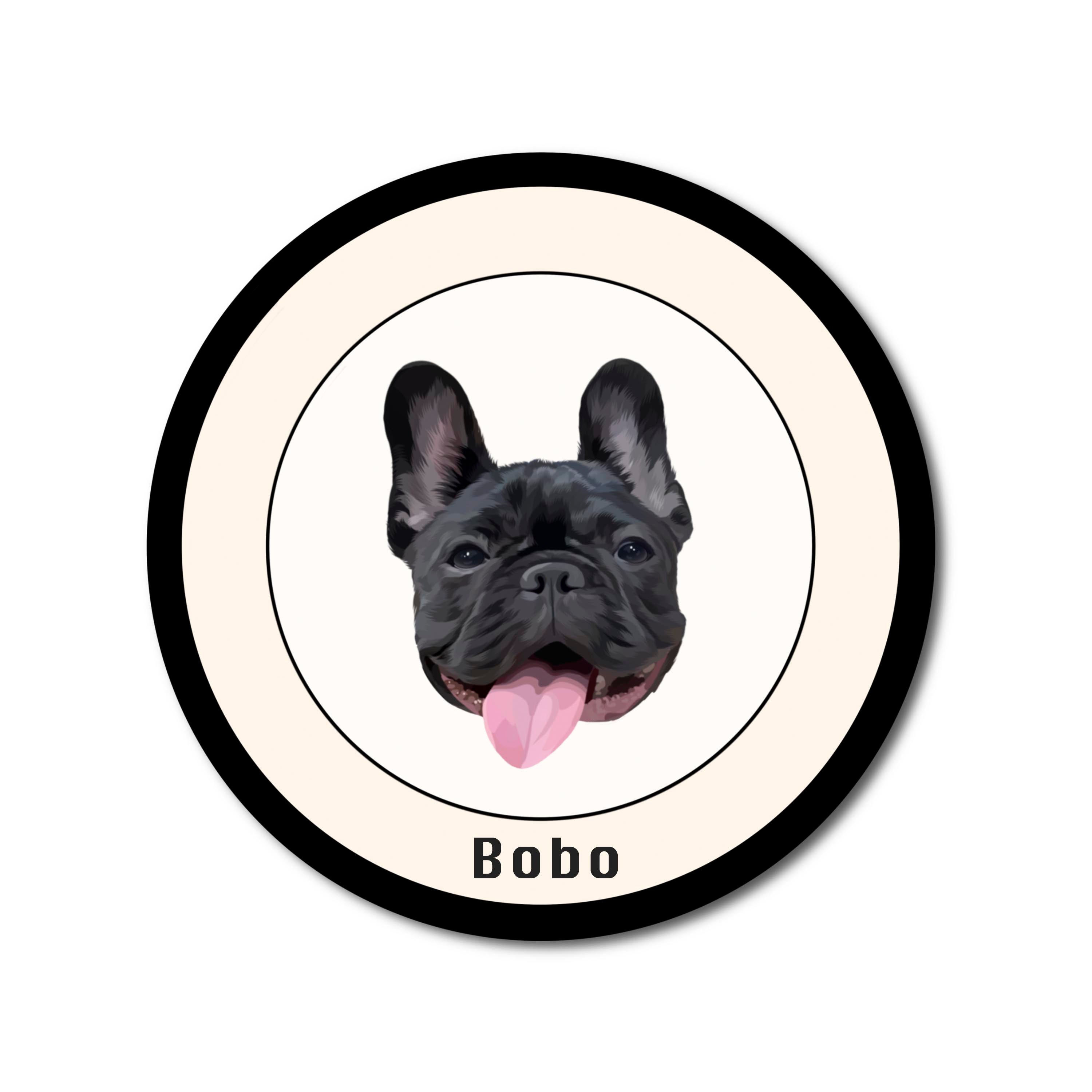 Classic black and white custom pet round rug featuring a French Bulldog’s portrait and personalized name “Bobo.”