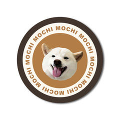 Stylish custom pet round rug with a coffee-tone design featuring a dog’s portrait and repeated text “Mochi.”