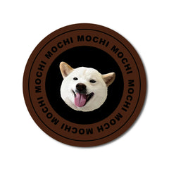 Custom pet round rug with a dark brown design featuring a dog’s portrait and repeated name “Mochi.”