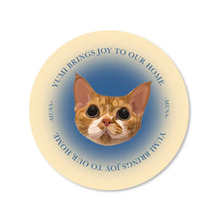 Custom pet round rug with a gradient blue background featuring a cat’s portrait and personalized text “Yumi Brings Joy to Our Home.