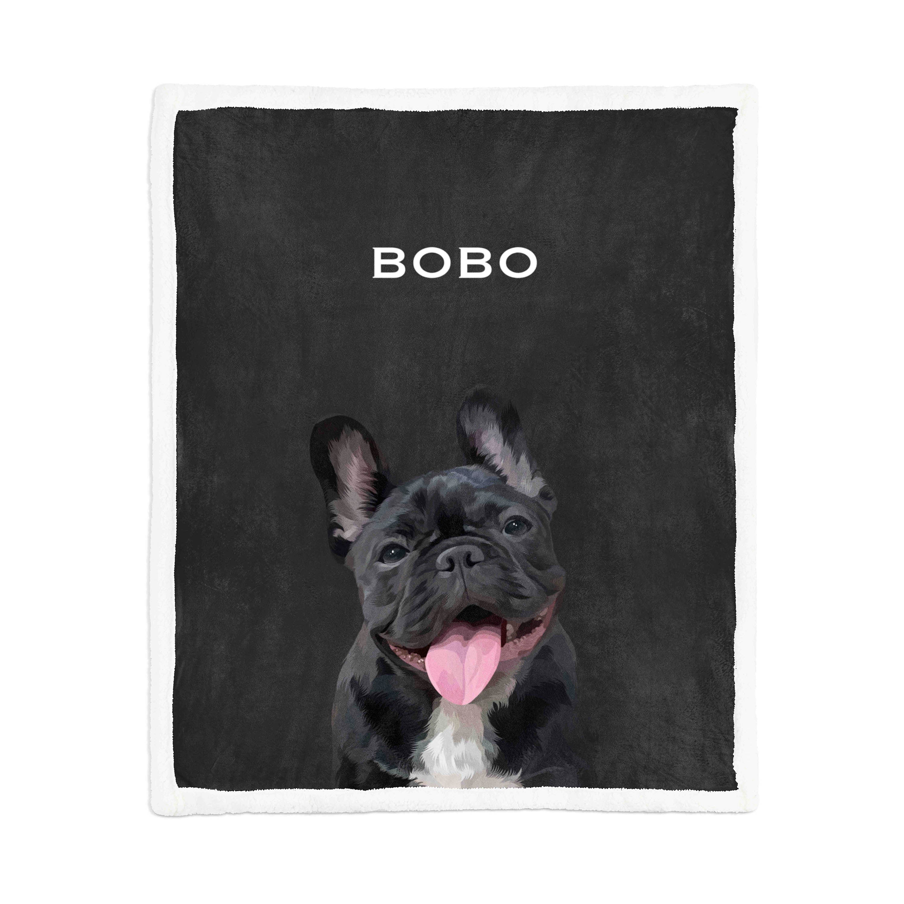 Personalized pet blanket showcasing a custom portrait of a black French Bulldog named Bobo on a charcoal black background