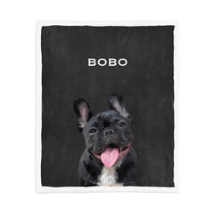 Personalized pet blanket showcasing a custom portrait of a black French Bulldog named Bobo on a charcoal black background