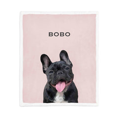 Personalized pet blanket featuring a custom portrait of a black French Bulldog named Bobo on a soft pink background