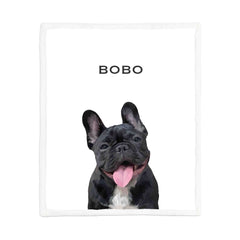 Personalized pet blanket with a custom portrait of a black French Bulldog named Bobo on a white background