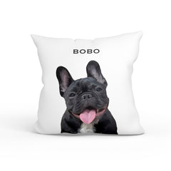 Custom pet pillow featuring a French Bulldog illustration with personalized name “BOBO” on a white background