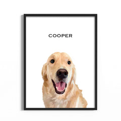 Hand-drawn custom pet portrait of a golden retriever in a black frame