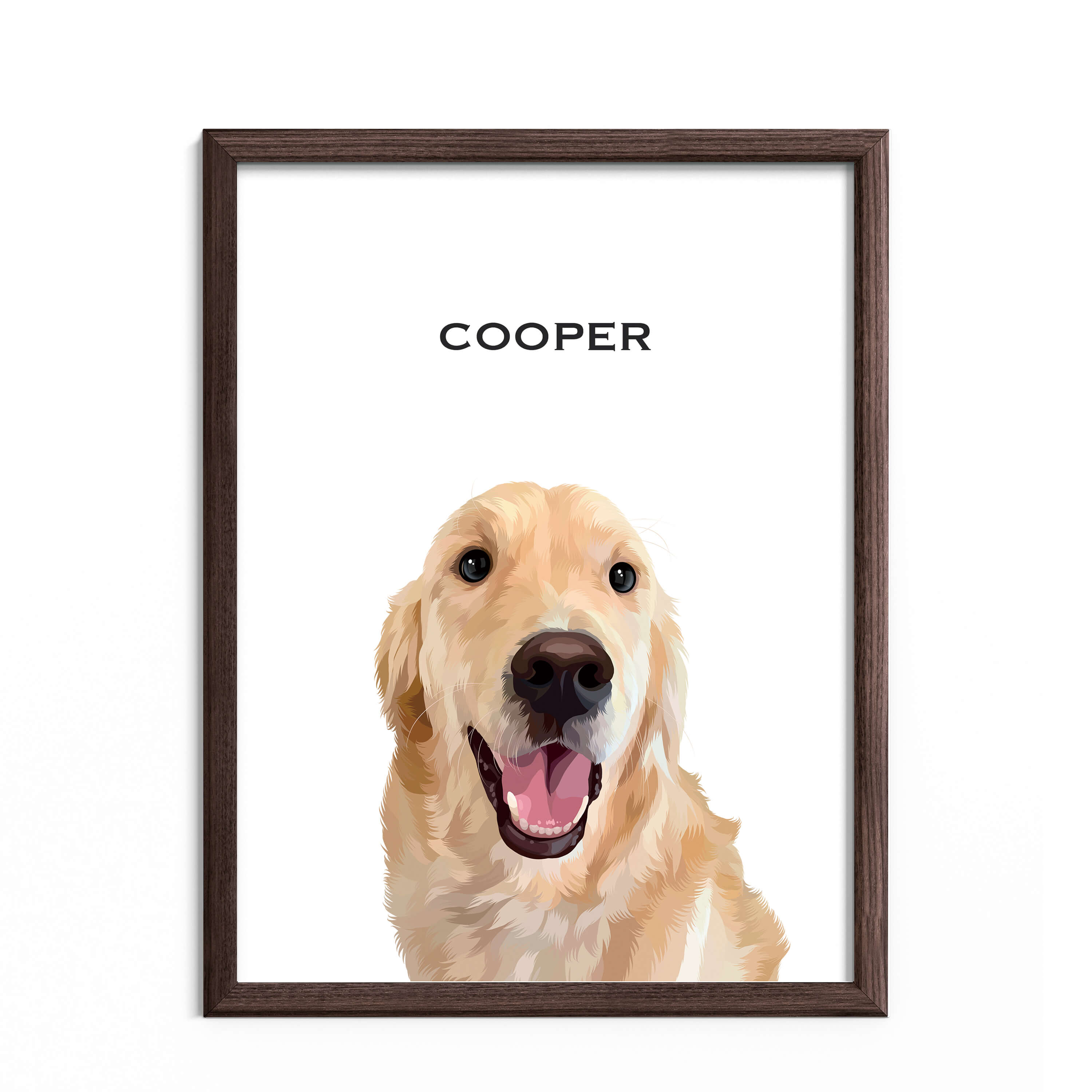 Hand-drawn custom pet portrait of a golden retriever in a dark wooden frame