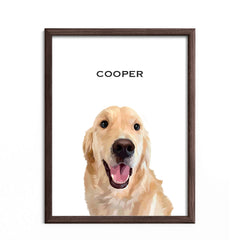 Hand-drawn custom pet portrait of a golden retriever in a dark wooden frame