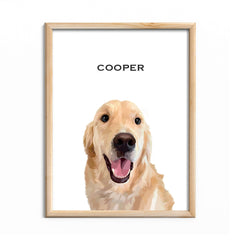 Hand-drawn custom pet portrait of a golden retriever in a pine wood frame