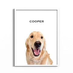 Hand-drawn custom pet portrait of a golden retriever in a white frame