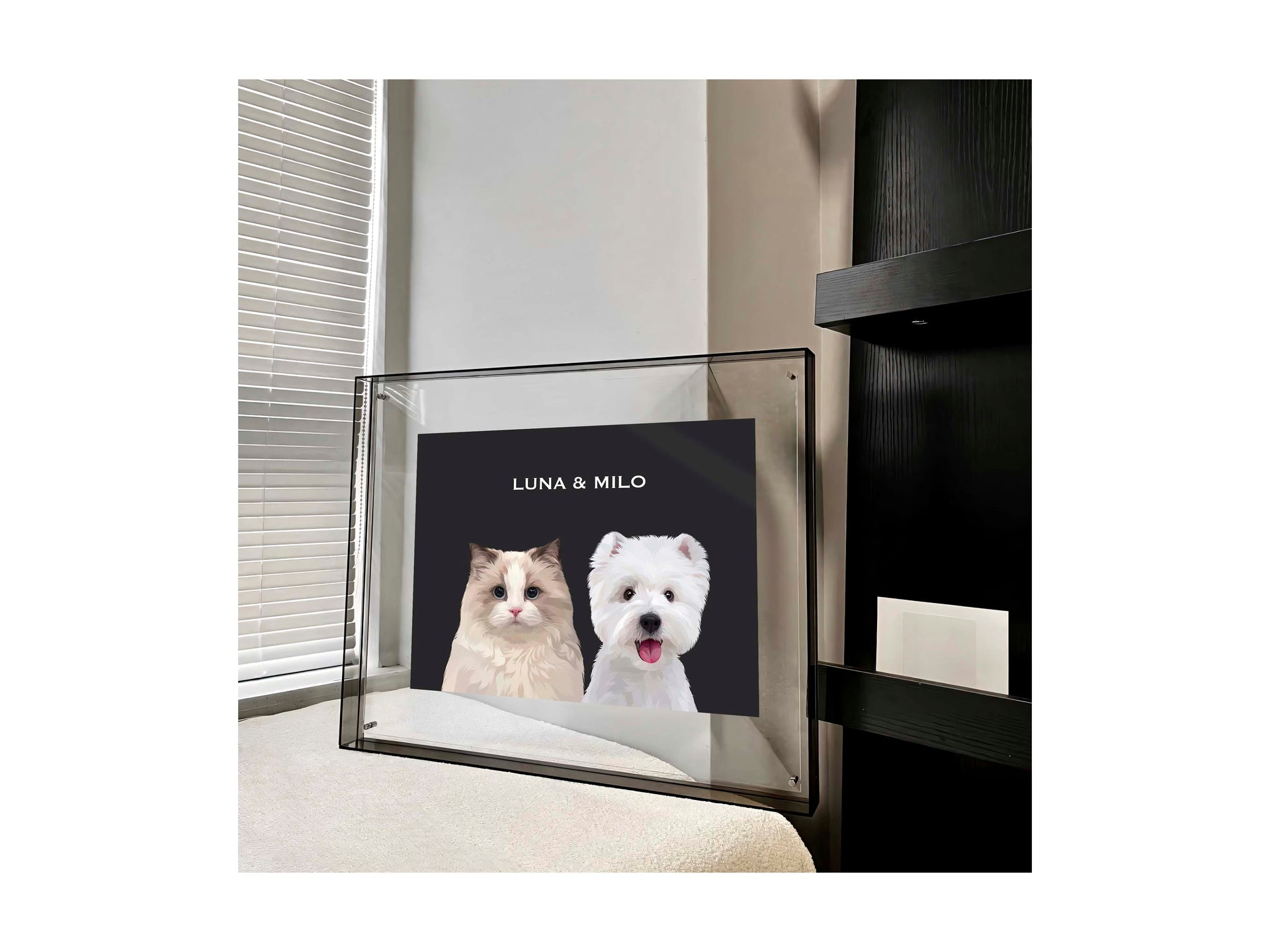 Musamonster custom pet portrait in a gray acrylic frame, showcasing personalized, illustrated artwork of a cherished pet.