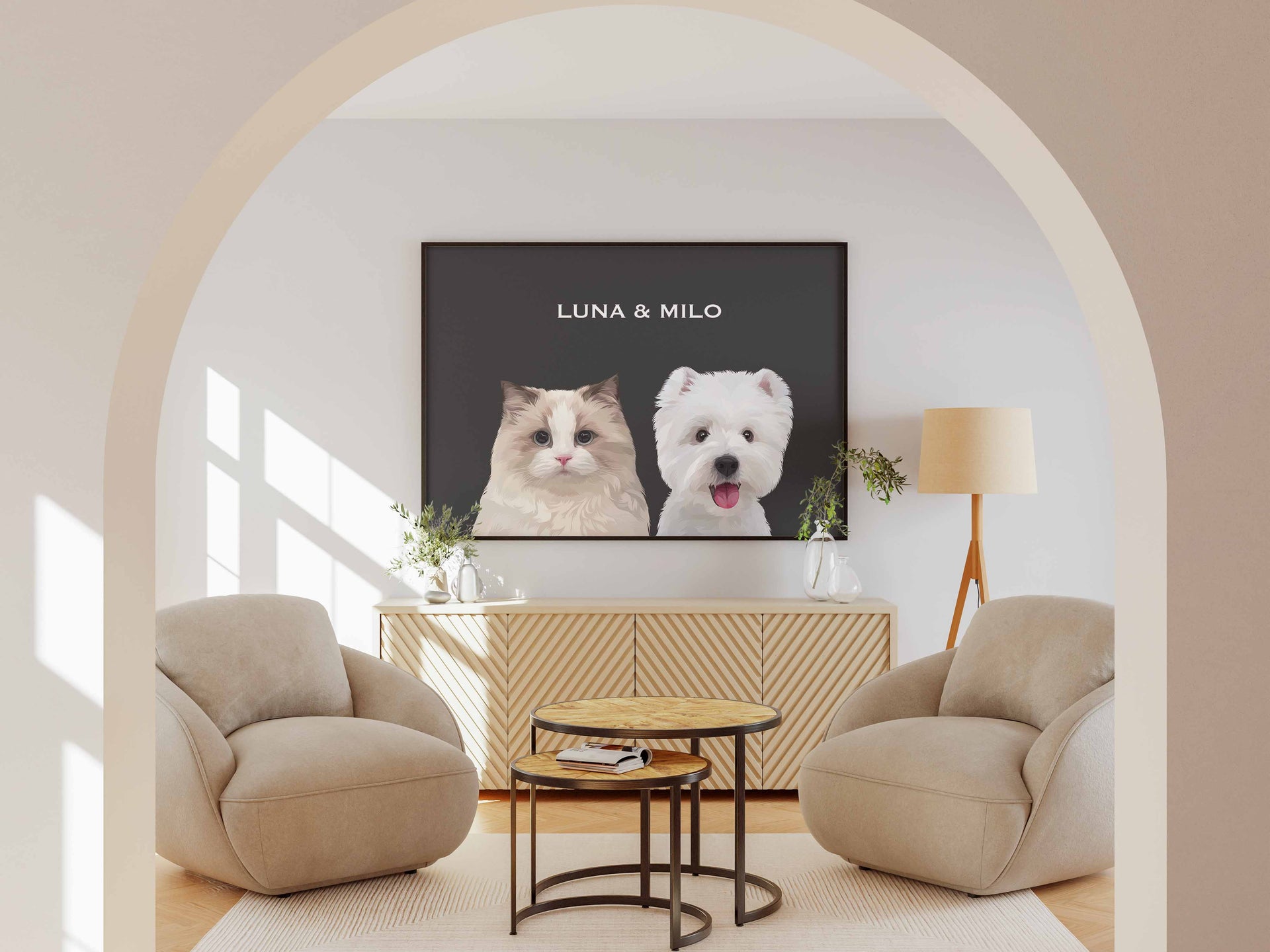 Musamonster custom pet portrait displayed in a living room, showcasing personalized, illustrated artwork of a beloved pet.