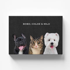 Hand-drawn custom pet portrait for three pets on canvas with black background, featuring a personalized illustration of your pet