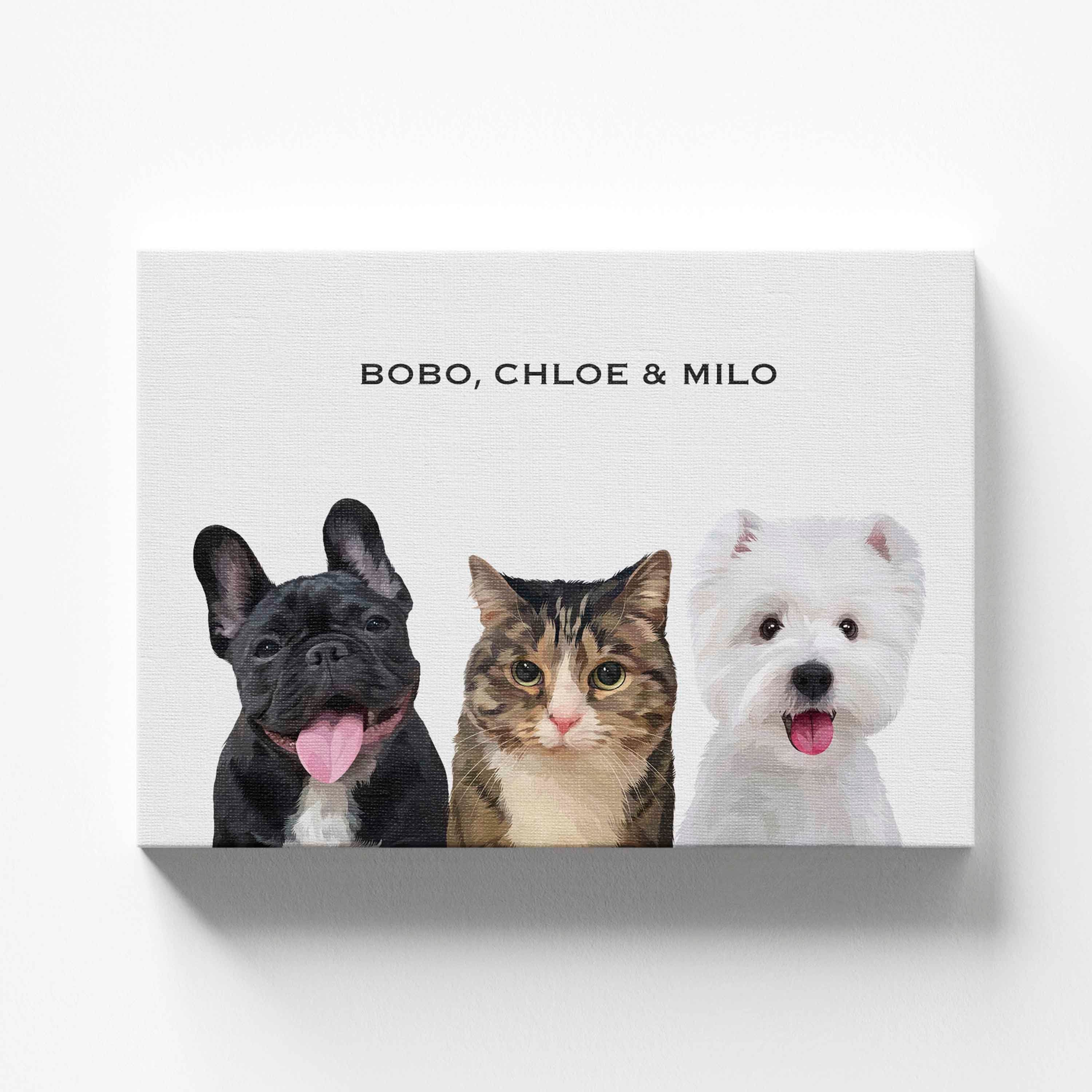 Hand-drawn custom pet portrait for three pets on canvas with white background, featuring a personalized illustration of your pet