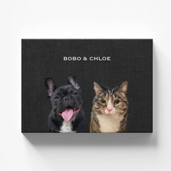 Hand-drawn custom pet portrait for two pets on canvas with black background, featuring a personalized illustration of your pet