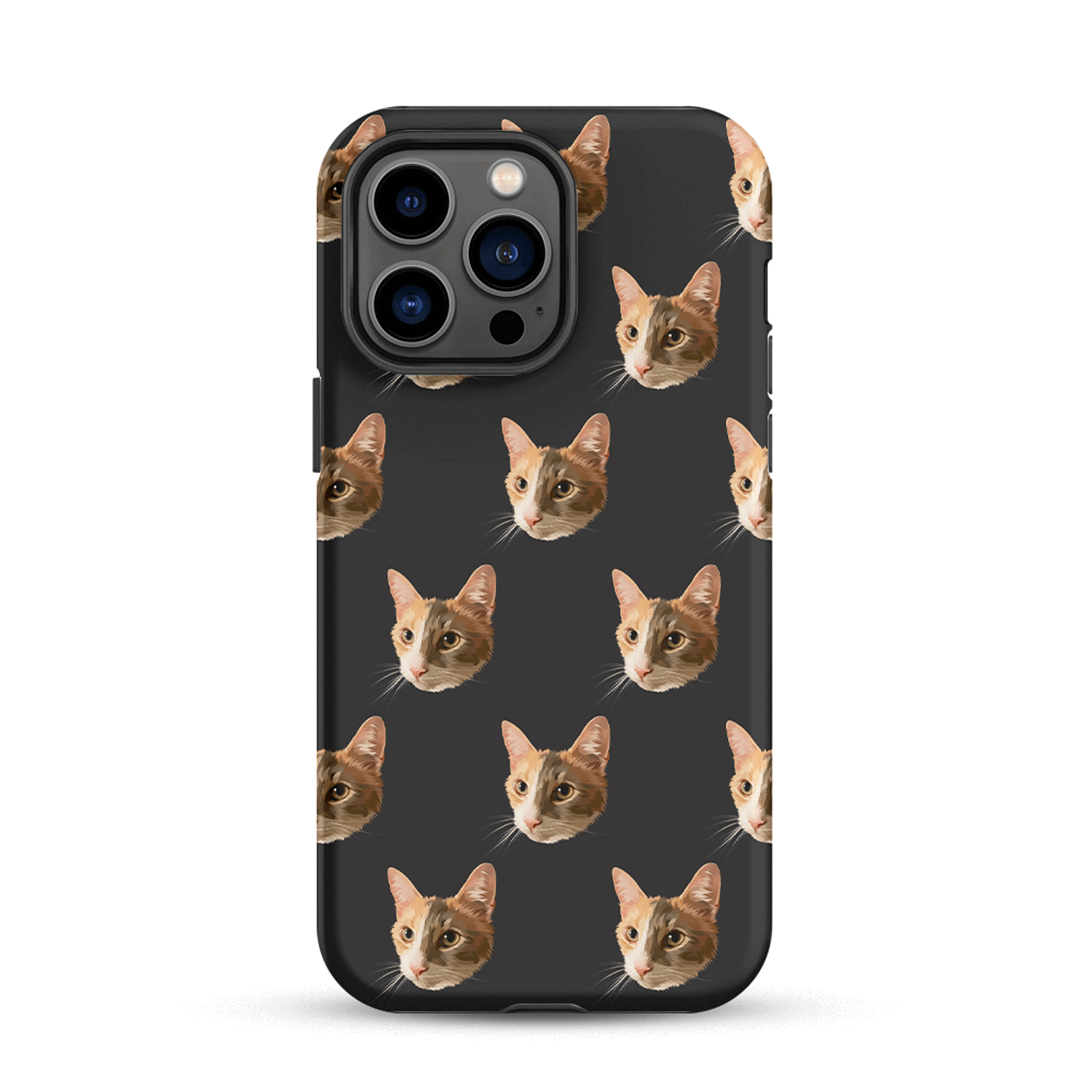 Custom pet portrait slim hard double-layer phone case with black background, personalized with a hand-drawn pet illustration.