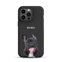 Custom pet portrait slim hard double-layer phone case with black background, personalized with a hand-drawn pet illustration.