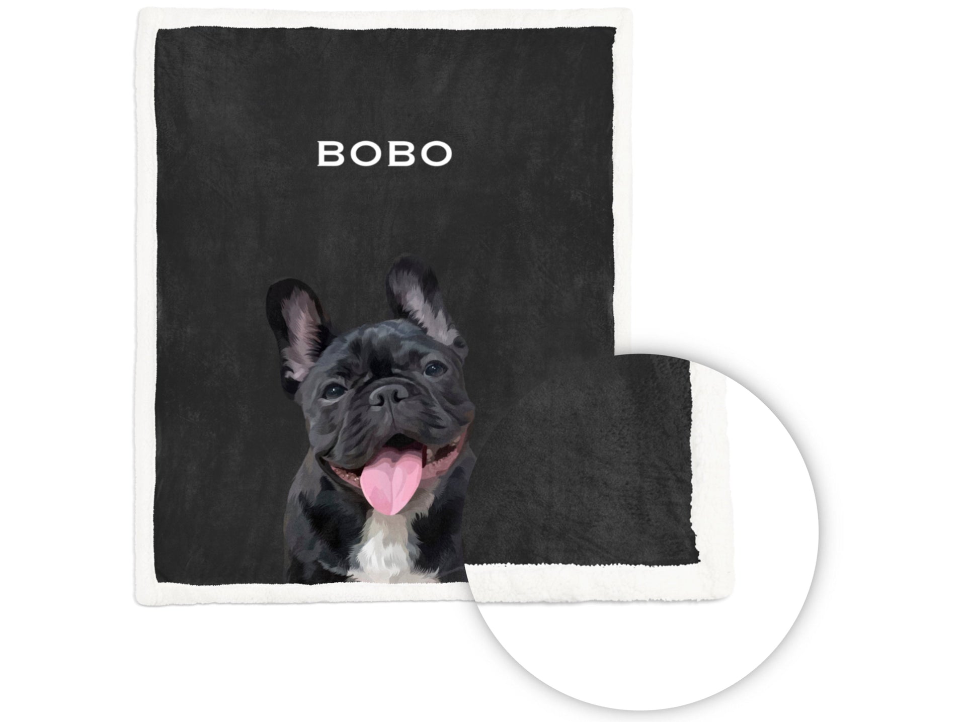 Close-up of a custom pet blanket by MusaMonster, featuring a black background, a personalized pet portrait of a French Bulldog named BOBO, and a detailed view of the soft sherpa fleece material