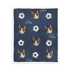 A MusaMonster custom pet blanket in a blue sports theme with pet portraits, names, and soccer ball patterns for active pet lovers.