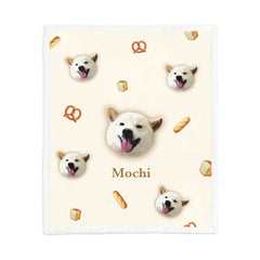 A playful MusaMonster custom pet blanket with a food theme, featuring pet portraits, names.