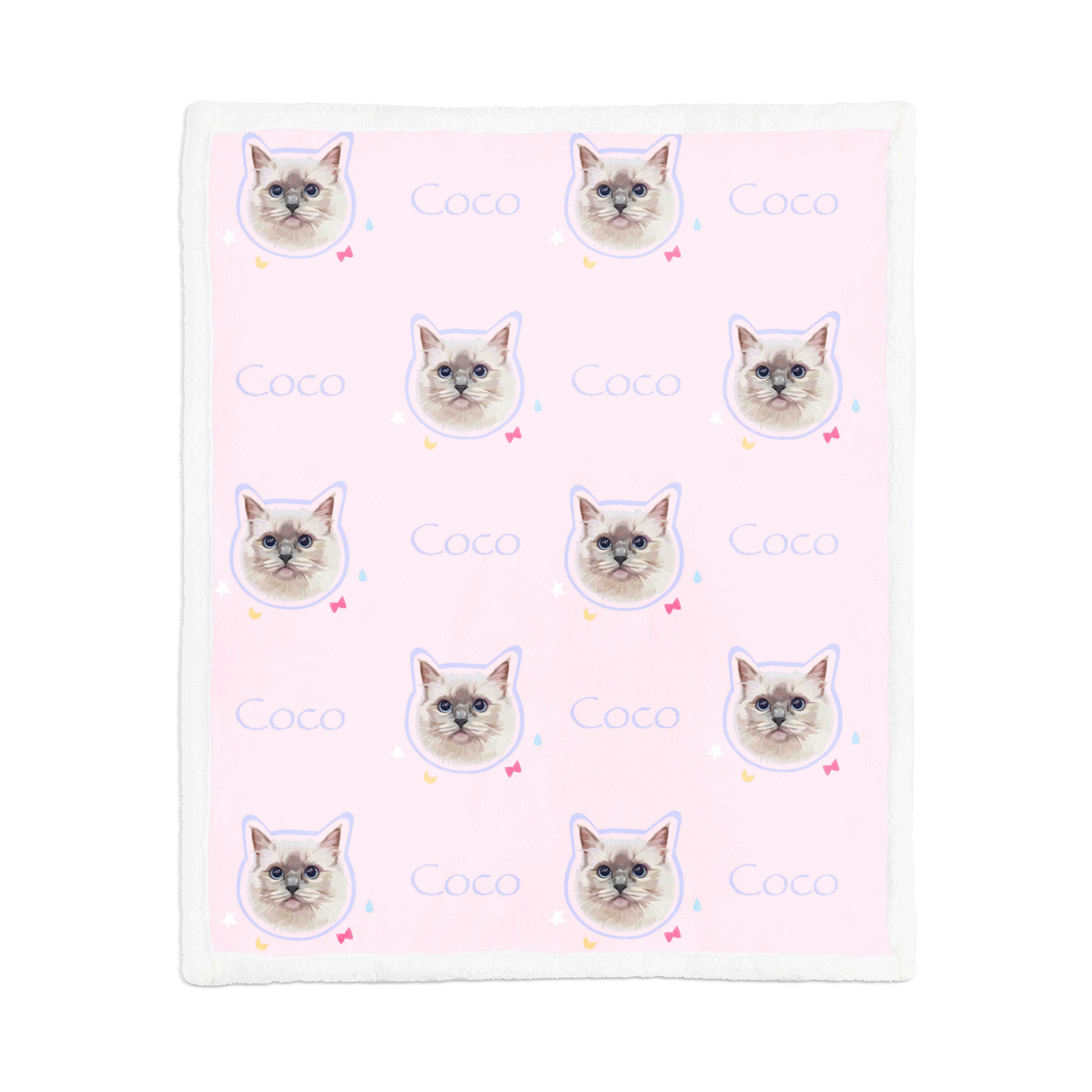 A MusaMonster custom pet blanket in a pink style featuring pet portraits, names, and cute design elements like stars and bows.