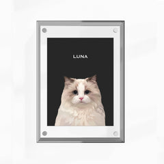 High-quality custom pet portrait in a premium acrylic frame with a unique, modern design by MusaMonster. Perfect for displaying your pet’s likeness in style.