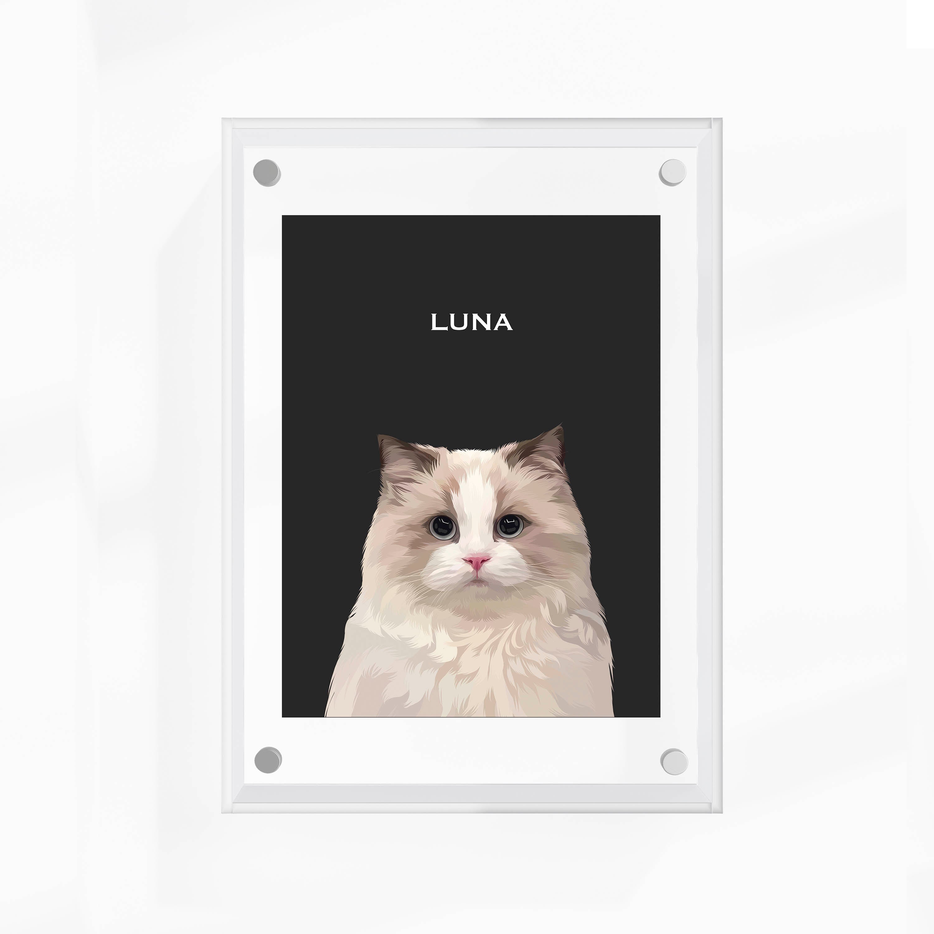 High-quality custom pet portrait in a premium acrylic frame with a unique, modern design by MusaMonster. Perfect for displaying your pet’s likeness in style.