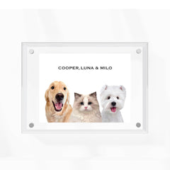 High-quality custom pet portrait in a premium acrylic frame with a unique, modern design by MusaMonster. Perfect for displaying your pet’s likeness in style.