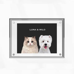 High-quality custom pet portrait in a premium acrylic frame with a unique, modern design by MusaMonster. Perfect for displaying your pet’s likeness in style.