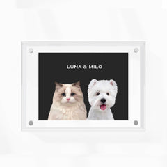 High-quality custom pet portrait in a premium acrylic frame with a unique, modern design by MusaMonster. Perfect for displaying your pet’s likeness in style.