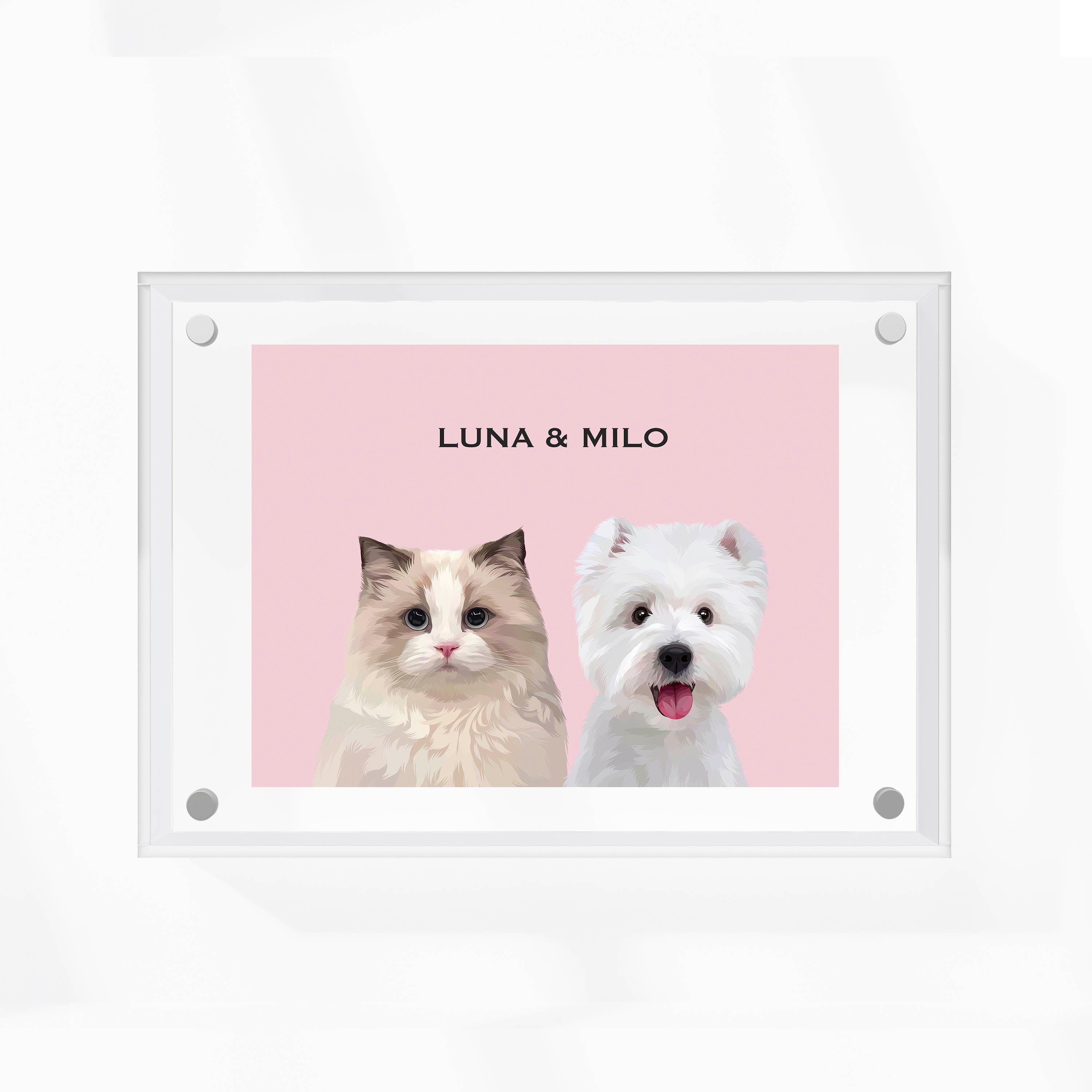 High-quality custom pet portrait in a premium acrylic frame with a unique, modern design by MusaMonster. Perfect for displaying your pet’s likeness in style.