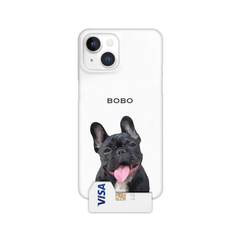 Custom pet portrait slim hard single-layer phone case with white background and cardholder slot, personalized with a hand-drawn pet illustration.