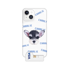 Custom pet portrait slim hard single-layer phone case with white background and cardholder slot, personalized with a hand-drawn pet illustration.