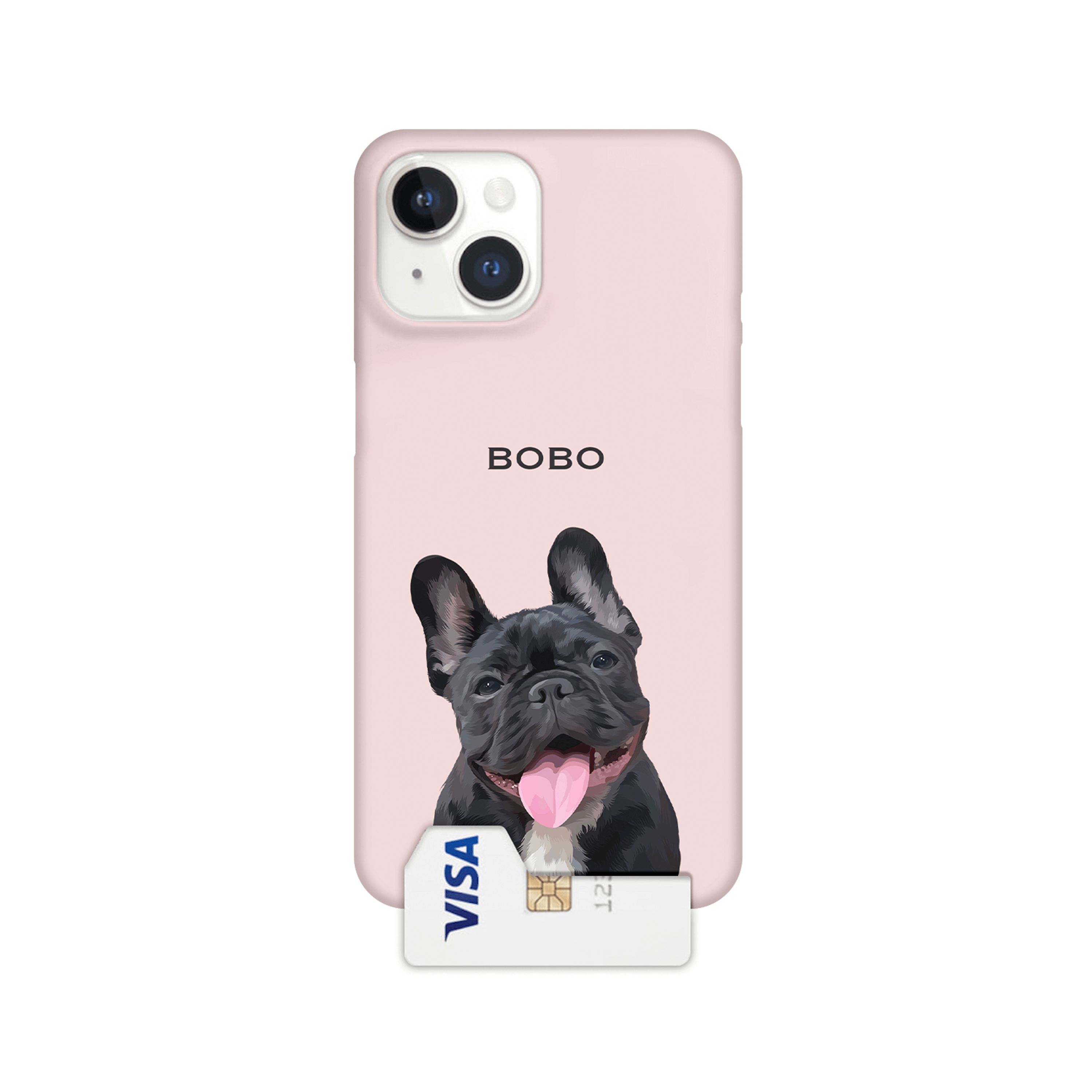 Custom pet portrait slim hard single-layer phone case with pink background and cardholder slot, personalized with a hand-drawn pet illustration.